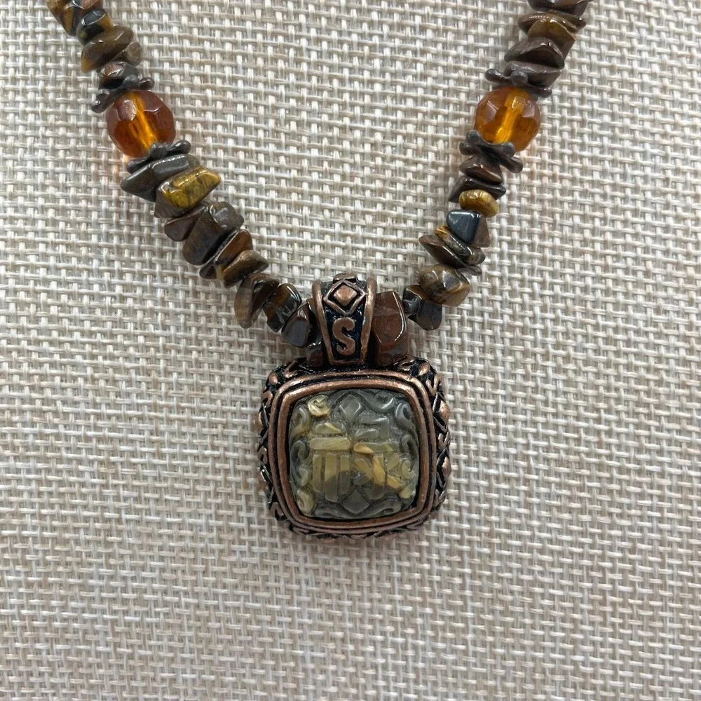 Vintage Earthy Tiger's Eye Chip‎ Necklace Bronze Square Pendant Boho Statement